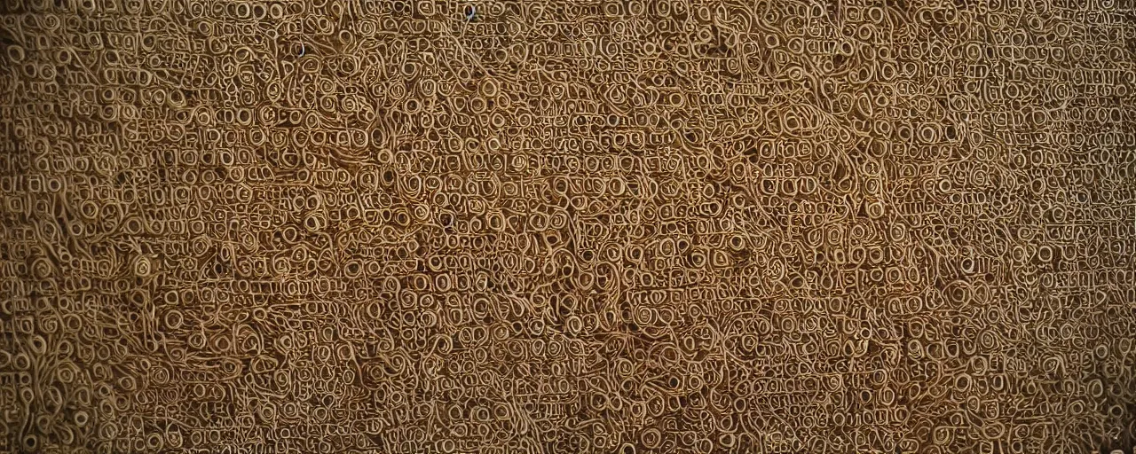 Image similar to hammurabis code! that references spaghetti, small details, intricate, sharply focused, minimal canon 5 0 mm, wes anderson film, kodachrome