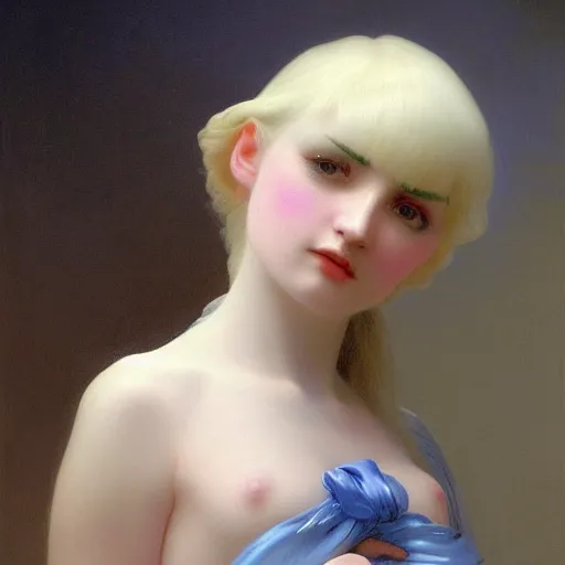 Image similar to a young woman's face, her hair is white and she wears a cobalt blue satin cloak, by ivan aivazovsky and syd mead and moebius and gaston bussiere and roger dean and pieter claesz and paul delaroche and alma tadema and willem claesz heda, hyperrealistic, volumetric light, octane render