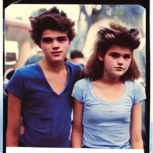 Image similar to French teenagers in the 80's, flash color polaroid, detailed