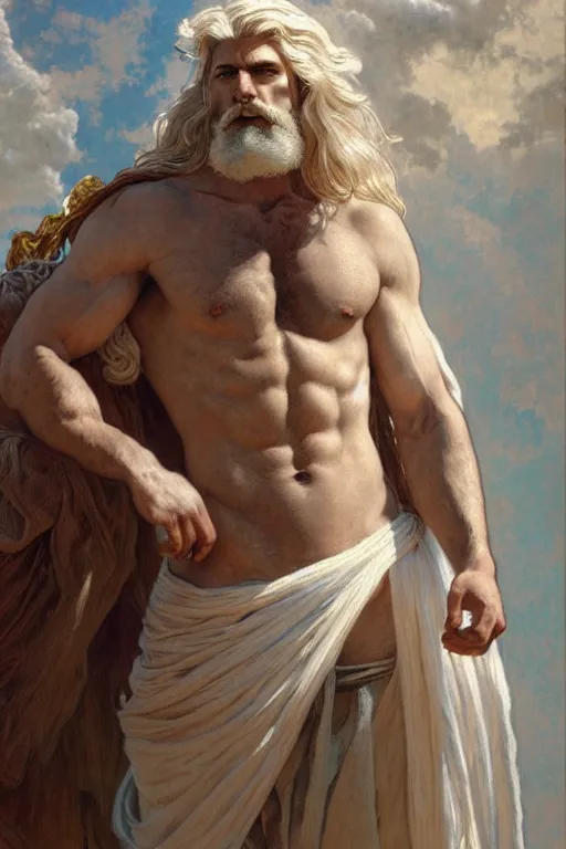 Image similar to painted portrait of rugged zeus, god of thunder, greek god, white hair, masculine, powerful, handsome, opulent, upper body, white robe, muscular, hairy torso, fantasy, intricate, elegant, highly detailed, digital painting, artstation, concept art, smooth, sharp focus, illustration, art by gaston bussiere and alphonse mucha