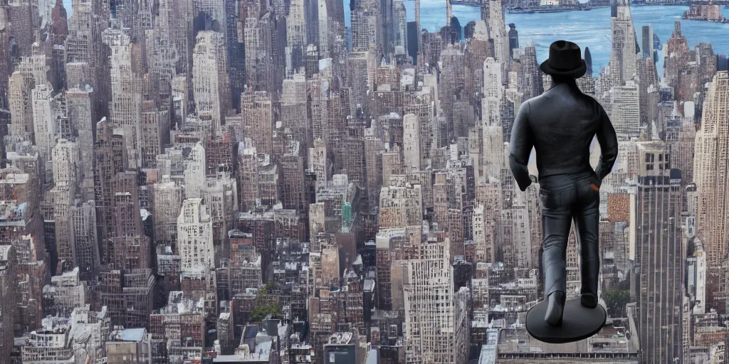 Prompt: extremely massive 3 d stone statue landmark of michael jackson billie jean pose with hat tower over new york city full wide shot, full body, massive motion blur, real life, spotted, leaked, ultra realistic, accurate, sighting, 4 k, movie still, uhd, sharp, detailed, cinematic, render, modern