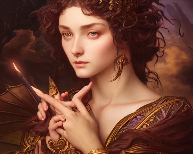 Image similar to photography of evelyn de morgan, deep focus, d & d and mtg, fantasy, intricate, elegant, highly detailed, digital painting, artstation, concept art, matte, sharp focus, illustration, hearthstone, art by artgerm and greg rutkowski and alphonse mucha