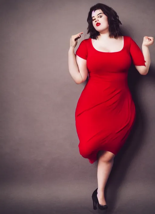 Prompt: photo europian beautiful fat women with simmetrical beautiful face dressed in a red dress dansing, anatomically correct, full shot, kodak