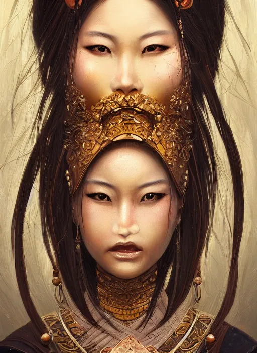 Image similar to a beautiful detailed oil on copper art illustration of a japanese okame mask woman, centered, by charlie bowater, zeng fanzh, trending on artstation, dim dusk lighting, cinematic lighting, detailed lighting, volumetric lighting, realistic, f 8, 4 k hd wallpaper