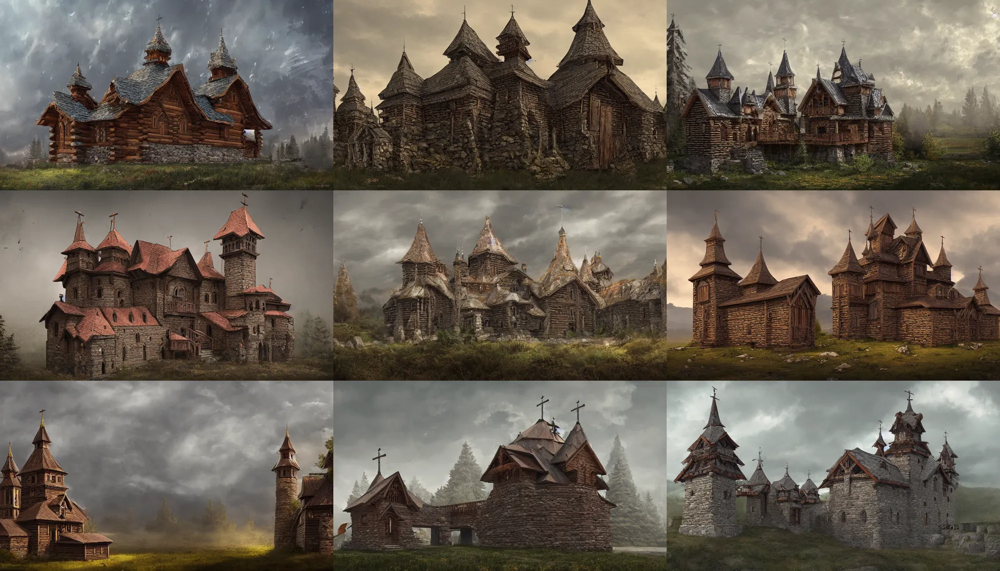 Prompt: proto - slavic tall castle enclosed palisaded, with christian wooden churches and domes on them, log houses built on hills, gray skies, hyper - detailed, artstation, cgsociety, 8 k