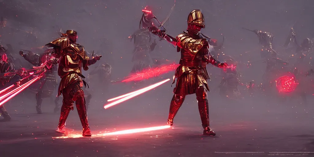 Image similar to futuristic roman army, red and gold with purple lasers, dramatic, cinematic, unreal engine