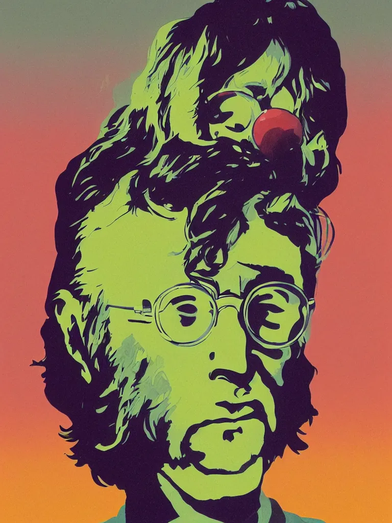 Prompt: a closeup portrait of john lennon, a ufo, taking mind altering drugs, a blotter paper of lsd acid and dreaming psychedelic hallucinations in a new mexico desert landscape, by kawase hasui, moebius, edward hopper, colorful flat surreal design, dramatic lighting, hd, 8 k, artstation