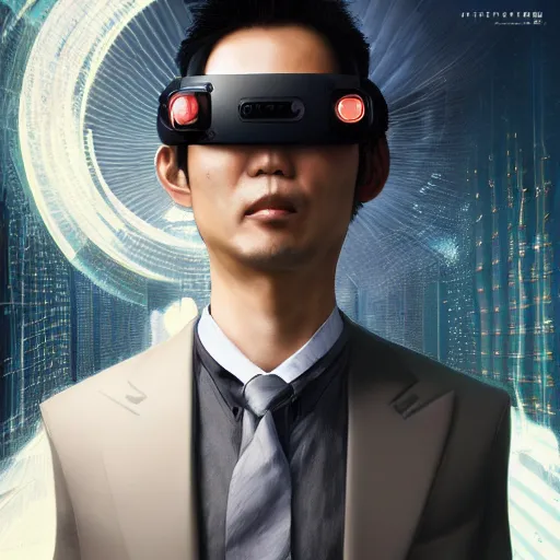 Prompt: Japanese man in a business suit with futuristic cyberpunk VR goggles implanted into his face, by Stanley Artgerm Lau, WLOP, Rossdraws, James Jean, Andrei Riabovitchev, Marc Simonetti, Yoshitaka Amano, digital art, masterwork, cgstudio, trending on ArtStation,