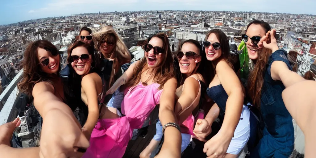 Prompt: selfie from behind, having fun, happy, pretty women, on a rooftop, travelling