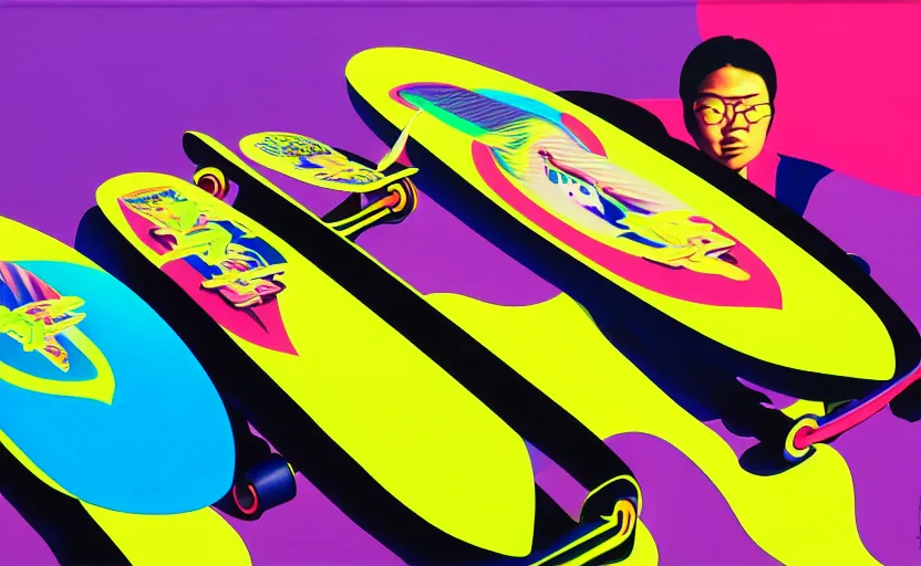 Image similar to flying skate boards by shusei nagaoka, kaws, david rudnick, airbrush on canvas, pastell colours, cell shaded!!!, 8 k