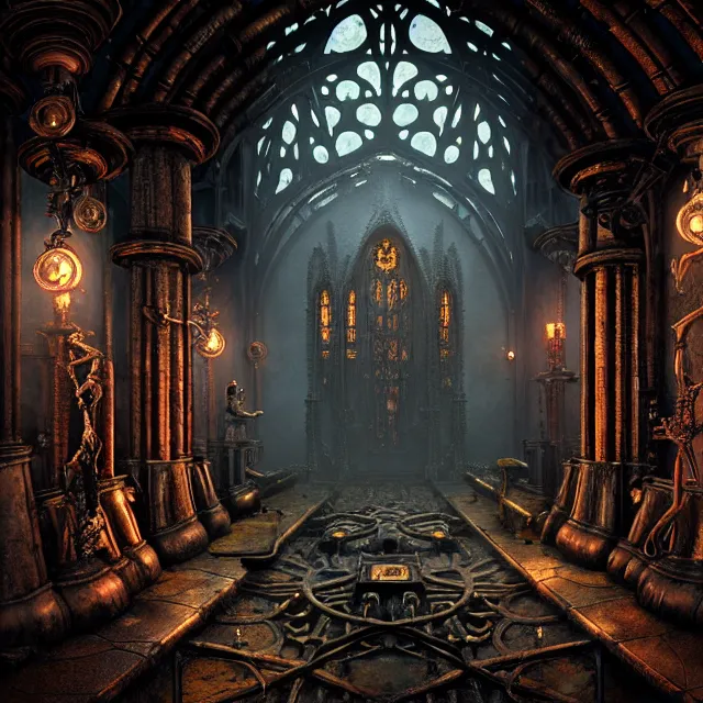 Image similar to steam necropolis, memento mori, gothic, neo - gothic, art nouveau, hyperdetailed copper patina medieval icon, stefan morrell, philippe druillet, ralph mcquarrie, concept art, steampunk, unreal engine, detailed intricate environment, octane render, moody atmospherics, volumetric lighting, ultrasharp, ominous, otherworldly