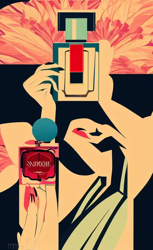 Image similar to illustration, close - up photo with beautiful bottle of perfume near nose, sniffing the aroma, an art deco painting by tom whalen, trending on behance, art deco, digital illustration, storybook illustration, grainy texture, flat shading, vector art, airbrush, pastel, watercolor, poster