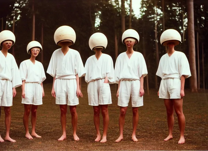 Prompt: realistic documentary photo of a a group of students wearing white feather shorts, wearing wooden spherical helmets made of wood, wearing white cotton robes, standing in a spacious wood 1 9 9 0, life magazine reportage photo, neutral colors, neutral lighting