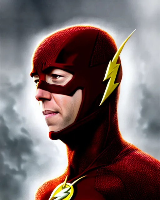 Image similar to michael rosenbaum dressed as the flash, character portrait, portrait, close up, concept art, intricate details, highly detailed by greg rutkowski, michael whelan and gustave dore