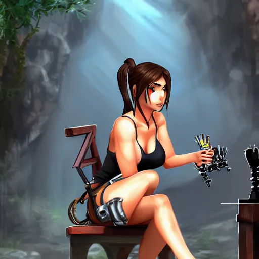 Prompt: Lara Croft playing chess, anime artstation