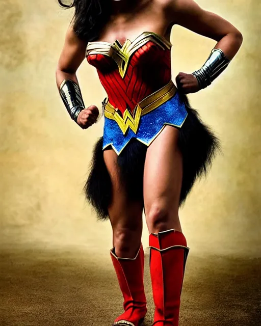 Image similar to a Chimpanzee dressed as Wonder Woman photographed in the style of Annie Leibovitz, photorealistic