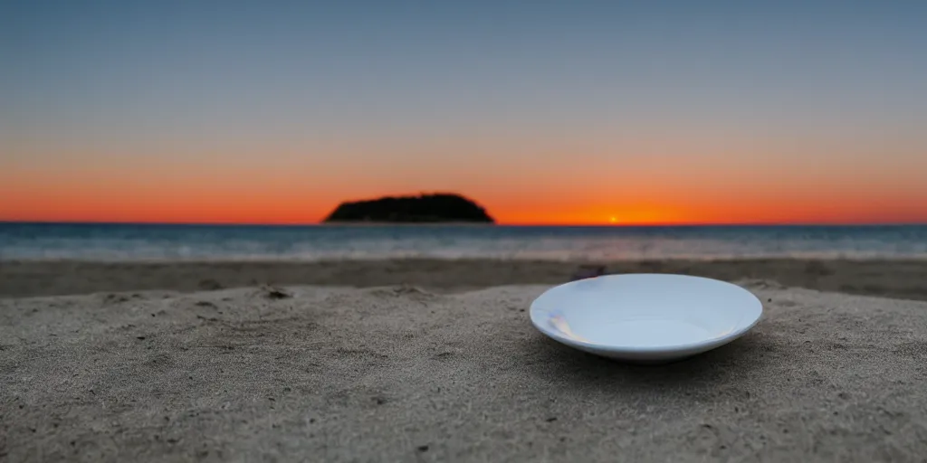 Image similar to professional photo of an empty white dish over a table with a sunset on the beach in the background