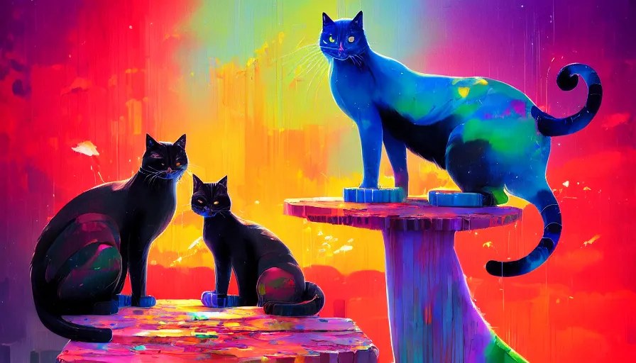 Image similar to contemporary semi abstract acrylic painting of really tall sitting cats by makoto shinkai, by greg rutkowski, by lisa frank, thick brush strokes and visible paint layers, multicolor color scheme