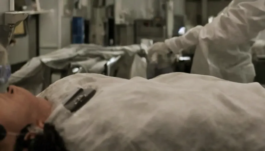 Image similar to Big budget horror movie about a mortuary, there are coffins, and cyborgs are cutting up human bodies