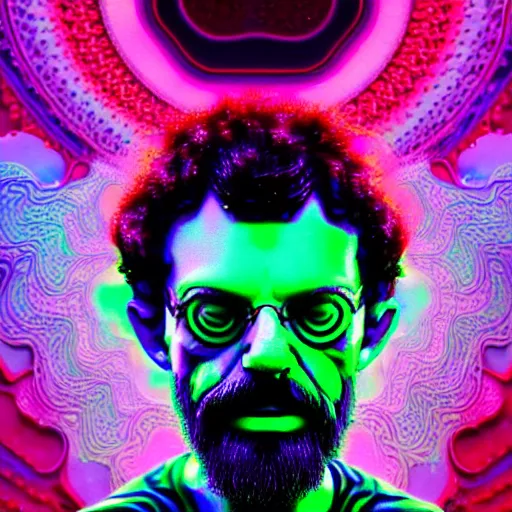 Image similar to terence McKenna full body with psychedelic mushrooms, psychedelic, fractal, Claymorphism, cinematic lighting, dramatic, octane render, full body, trending on artstation, perfect facial symmetry, bokeh, 8k, intricate, hyper detailed