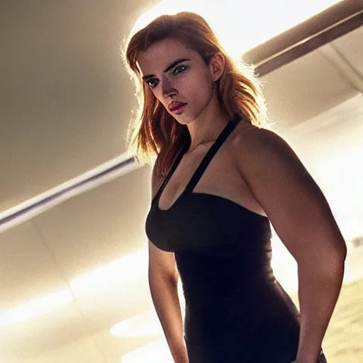 Image similar to a woman who is a genetic combination of scarlett johansson and emma watson face and upper - body focus