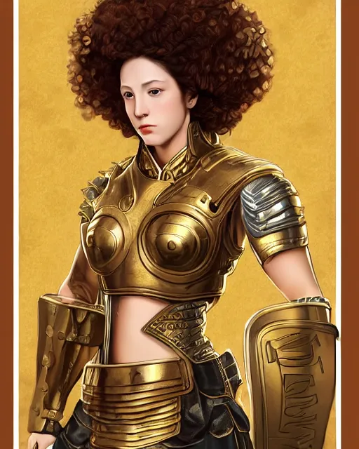 Prompt: Hyper realistic portrait of a strong female fighter with beautiful curly shiny copper hair and broad shoulders, she is from Troy and wears a golden armor, high contrast, artwork in the style of Alphones Mucha and Takumi Nagayasu, trending on artstation