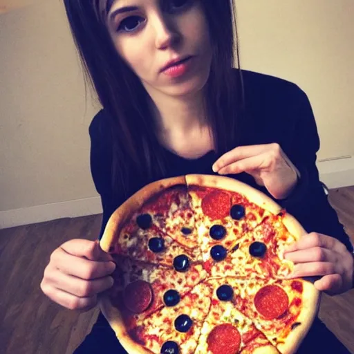 Image similar to emo girl eating pizza and cheerios for lunch