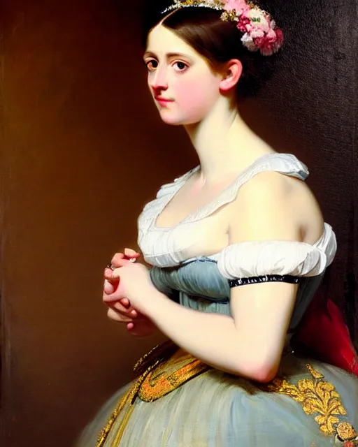 Image similar to beautiful painting of a young german princess with short hair by franz xaver winterhalter, full body painting, oil on canvas, romanticism, intricate details, highly detailed, 1 8 4 0 s style painitngs