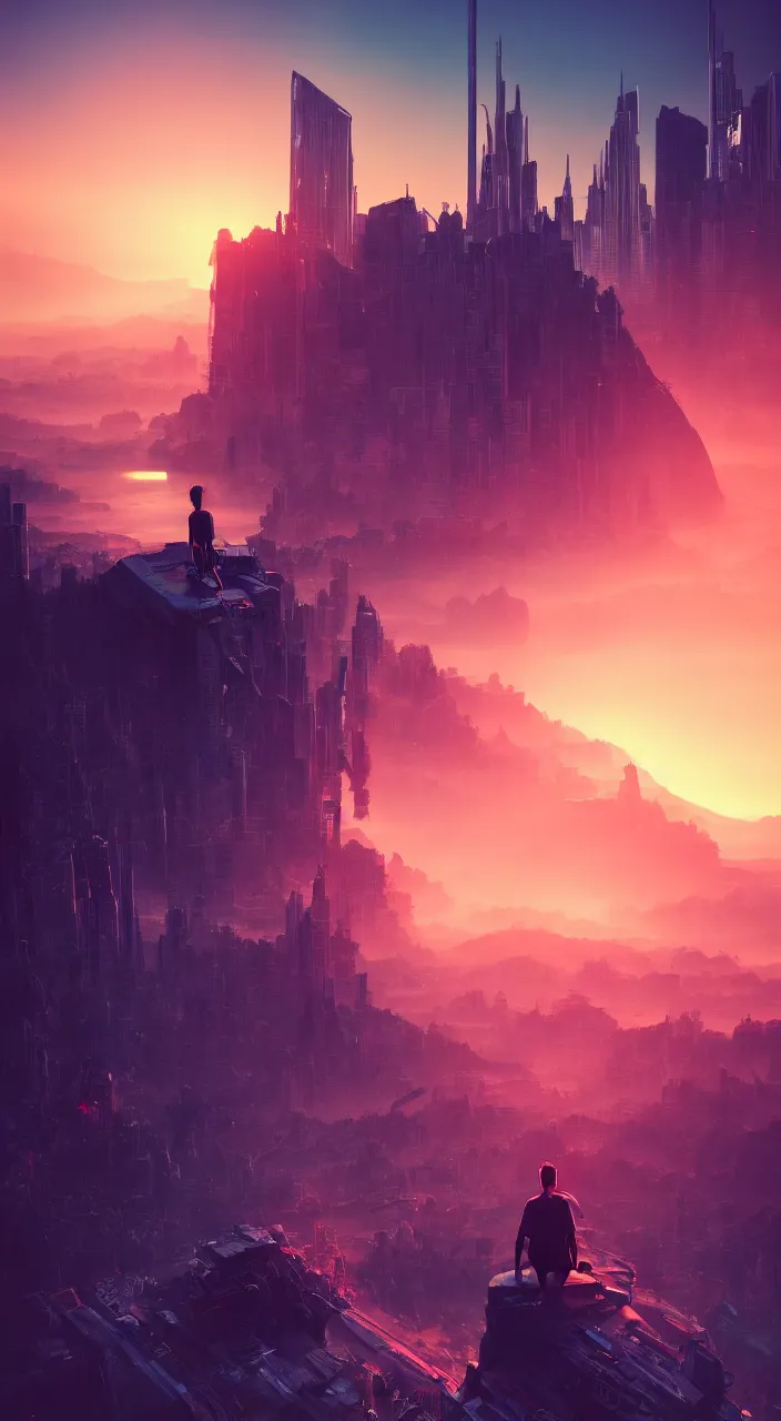 Image similar to alone person tempted by the desperate call of the void, futuristic cityscape, wide shot unreal 5 render, studio ghibli, vivid colors, beautiful sunset, digital art, octane render, beautiful composition, trending on artstation, award winning photograph, masterpiece