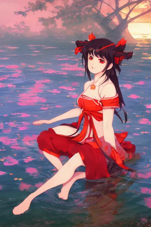 Image similar to hakurei reimu from touhou project floating on the water at night, plants, green and orange theme by krenz cushart and mucha and makoto shinkai and akihito yoshida and greg rutkowski, 4 k resolution