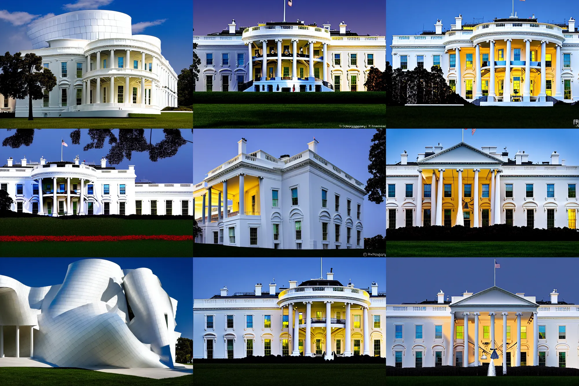 Prompt: photography of the white house designed by frank gehry, frontal view, evening, architecture award winning, concept