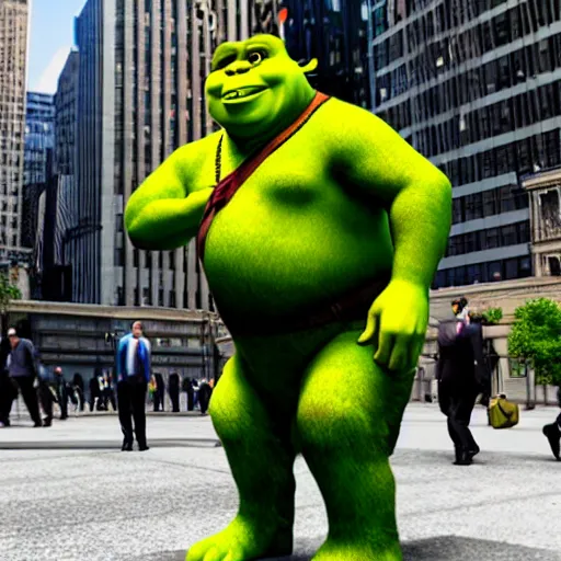 Image similar to shrek in a business suit on wallstreet