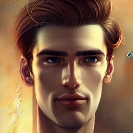 Image similar to tall man in his twenties with brown blond short quiff hair and round facial structure with cleft chin, straight eyebrows, cheekbones, big hazel nut brown eyes, atmospheric lighting, painted, intricate, 4 k, highly detailed by charlie bowater