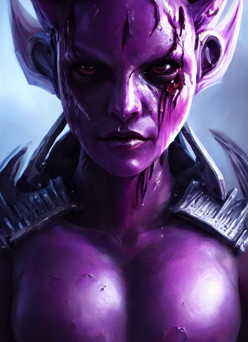 Prompt: close up painting, demon woman, sci - fi armor, dark purple ponytail hair, beautiful, stern face, gorgeous, face visible, scars, eyeliner, cinematic lighting, eva suit, wallpaper, extremely detailed, sharp focus, by greg rutkowski and [ [ [ wlop ] ] ], intricate, beautiful, award winning, trending on artstation, pixiv