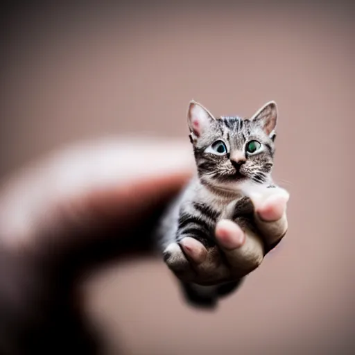 Prompt: tiny, microscopic cat, sitting on man's fingertip, macro, bokeh, open hand