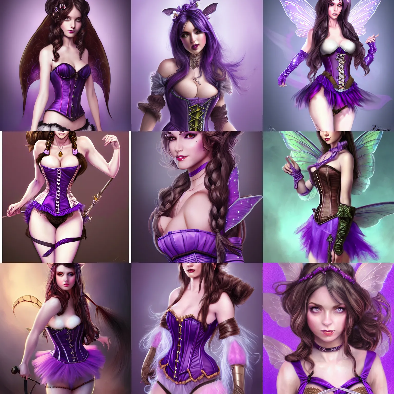 Prompt: brunette fairy woman, pigtails hair, wearing purple corset and tutu, d & d, fantasy, highly detailed, digital painting, trending on artstation, concept art, sharp focus, illustration, art by artgerm and rosstran