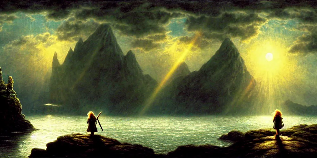 Image similar to a hobbit out at a lord of the rings scenery landscape, staring across the sea from the shore at a white timber sail boat leaving harbour, evening, god's rays highly detailed, vivid colour, soft clouds, full moon, cinematic lighting, perfect composition, gustave dore, derek zabrocki, greg rutkowski, belsinski