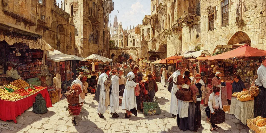 Image similar to a busy medieval Mediterranean street market , beautiful digital art, cinematic composition, detailed, concept art, Matt painting, oil painting,, art by Norman Rockwell