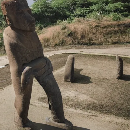 Image similar to man with a moai statue for a head doing a kickflip