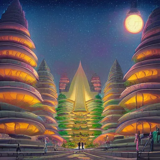 Prompt: street view of gigantic lotus flower temple city at night by cyril rolando and naomi okubo and dan mumford and ricardo bofill