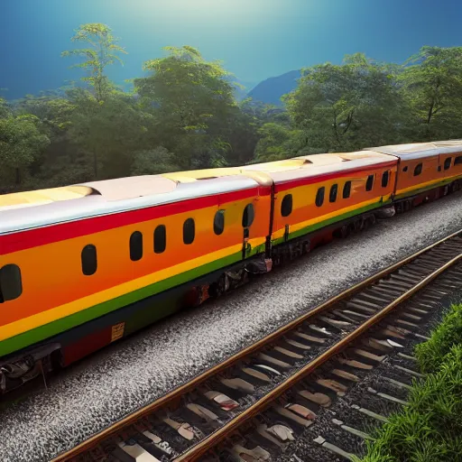 Prompt: drone shot of an indian train, highly detailed, photorealistic portrait, bright studio setting, studio lighting, crisp quality and light reflections, unreal engine 5 quality render