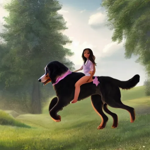 Image similar to girl riding giant Bernese Mountain Dog in the park, trending on artstation