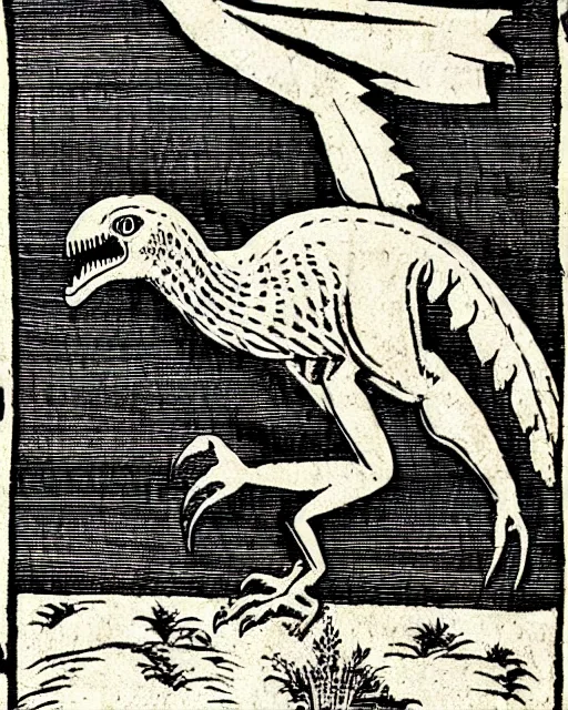 Image similar to b & w woodcut of a velociraptor from the nuremberg chronicle, 1 4 9 3, restored, hq scan