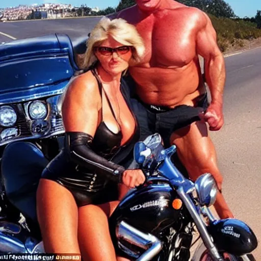 Image similar to perfect photo of extremely muscular Donald Trump in a Speedo, riding a Harley, very attractive woman on his motorcycle with him