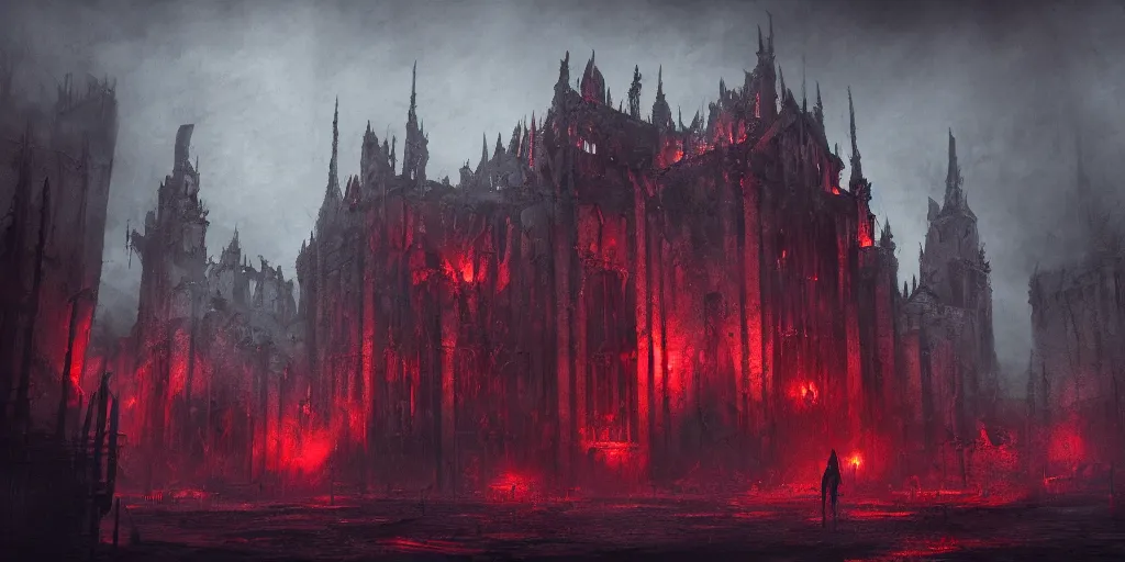 Prompt: grimdark chaos fortress, ruined, terrifying architecture, looming, dark, fog, atmospheric red lighting, dark souls, hyperrealistic, artstation