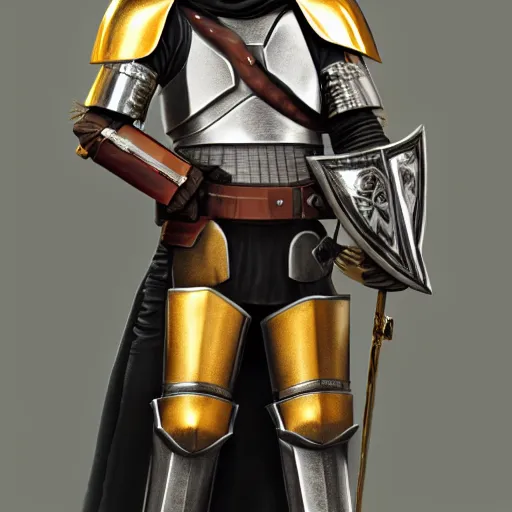 Image similar to a highly detailed knight in a mandalorian golden helmet and crown with a diamond in the center, golden armor, leather clothes under the armor, leather gloves, holds a black sword, artstation, DeviantArt, professional, octane render, sunset lighting