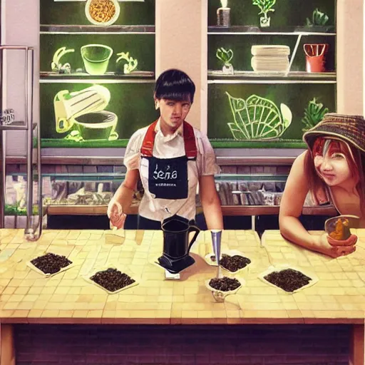 Image similar to cannabis hospitality industry, aussie baristas, isometric fun style pic, by ren hang and steve hanks, australian style video game still