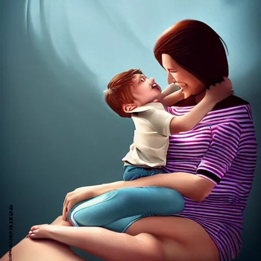 Prompt: illustration beautiful cinematic hyperrealism style where a mother appears with her happy son