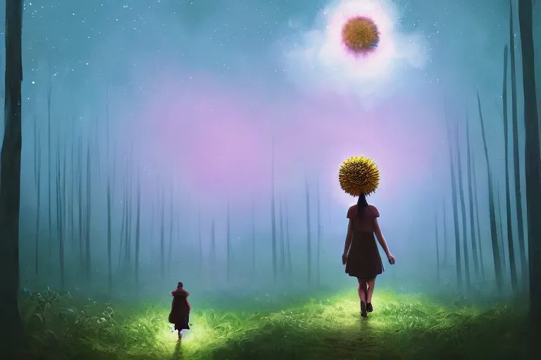 Image similar to large daisy flower over head, girl walking in forest, surreal photography, dark night, stars, moon light, impressionist painting, clouds, digital painting, artstation, simon stalenhag