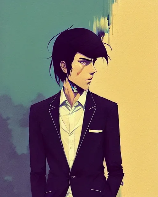 Prompt: a ultradetailed portrait painting of a stylish man wearing suit outfit, by conrad roset, greg rutkowski and makoto shinkai trending on artstation